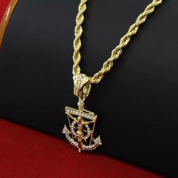 14K Gold Anchor Jesus Pendant & Rope Chain - Picture 2 of 5
